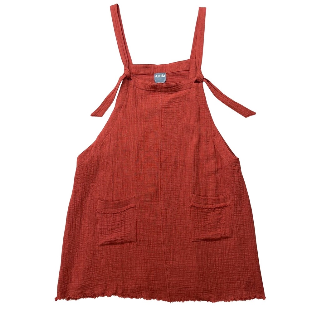 Arula Women Rust Red Gauze Pinafore Mini Dress Tie Strap Pockets Size A XL